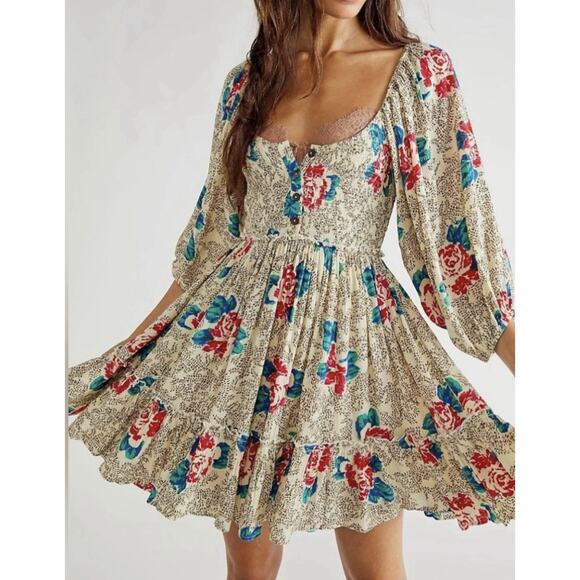 Free People Endless Summer Boho Puff Babydoll Peasant Cottagecore mini Dress M - Picture 1 of 7